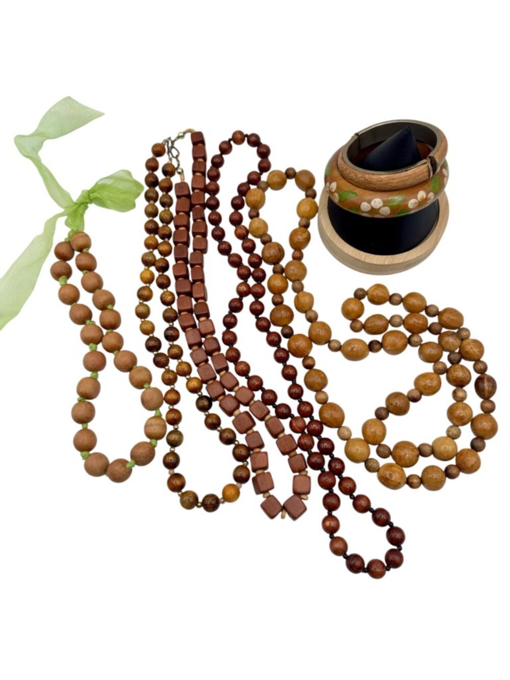 Vintage 1970s Wood Bead Necklace Bracelet Lot 7pcs BOHO Retro Natural - Picture 2 of 16